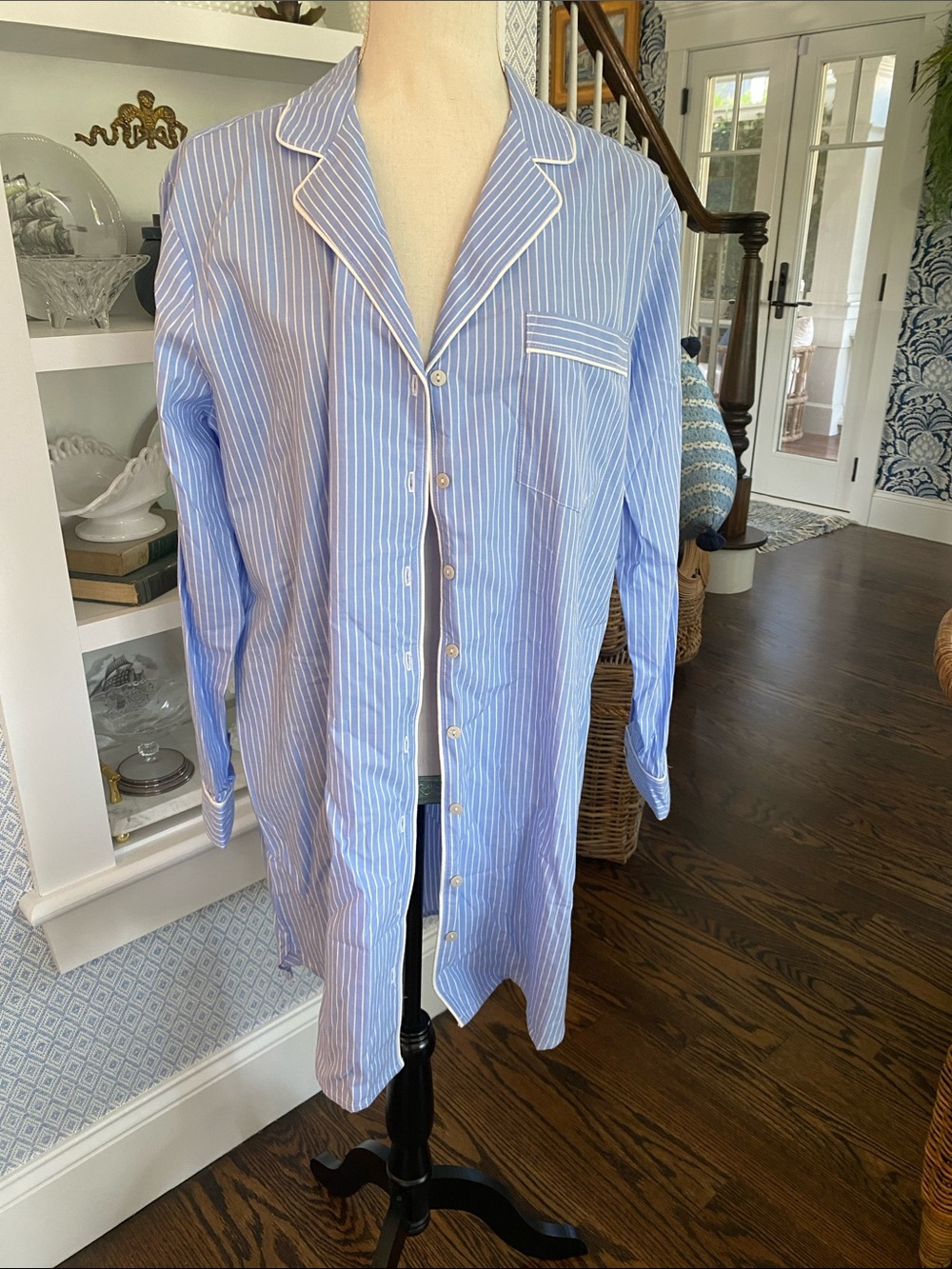 GAP Blue and White Striped Long Button-Down Sleep Shirt